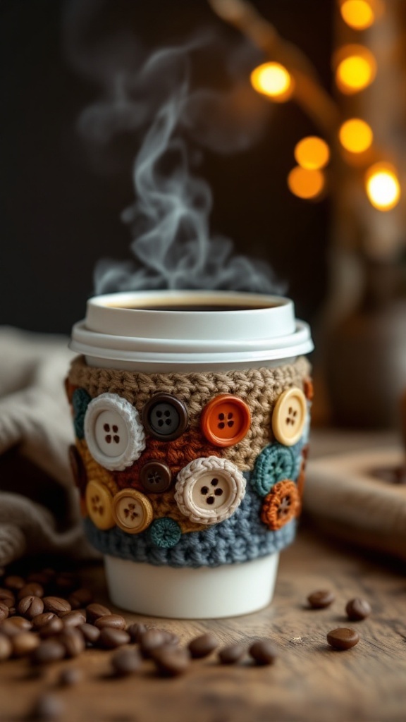 Crochet coffee cup sleeve with colorful buttons and steam rising from the cup