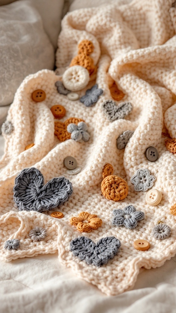 A crochet lovey with colorful flowers and buttons on a soft blanket