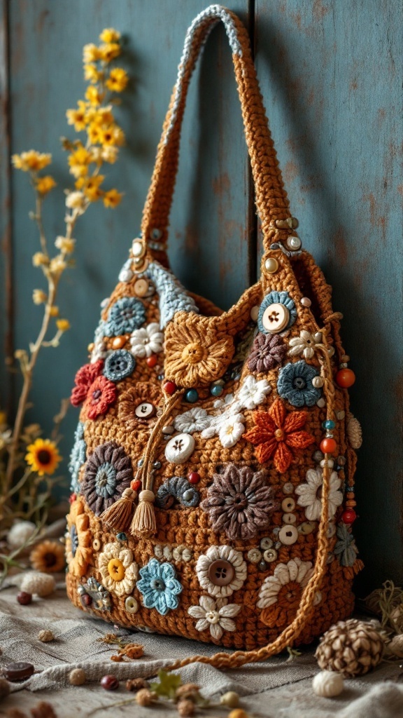 A colorful crochet shoulder bag with floral embellishments and buttons