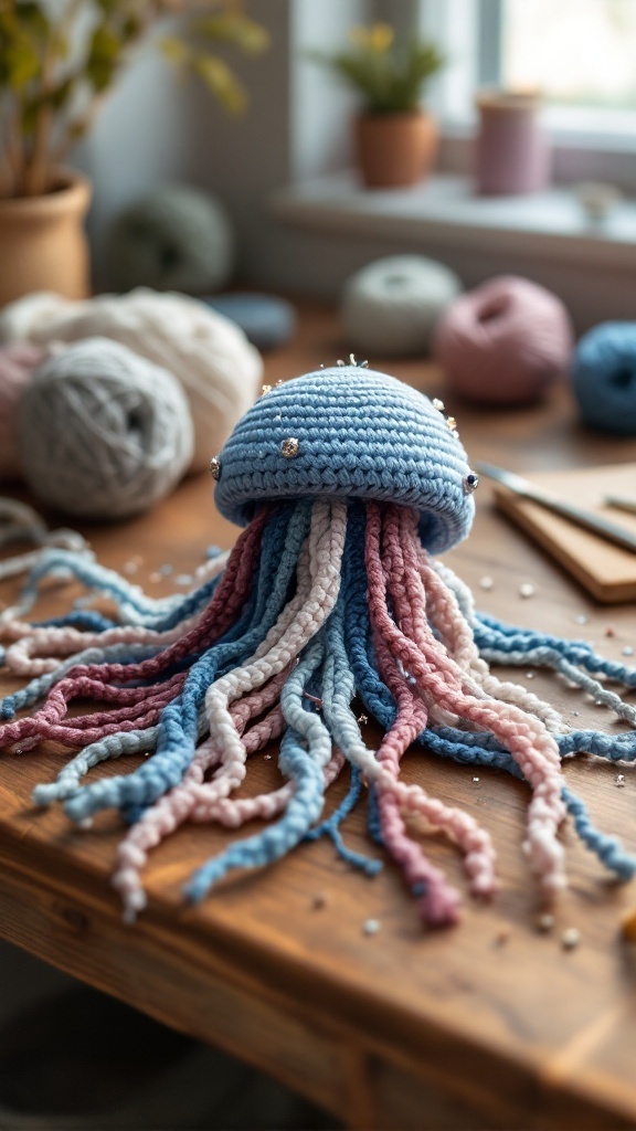 Crocheted jellyfish with colorful tentacles and embellishments on a wooden table.