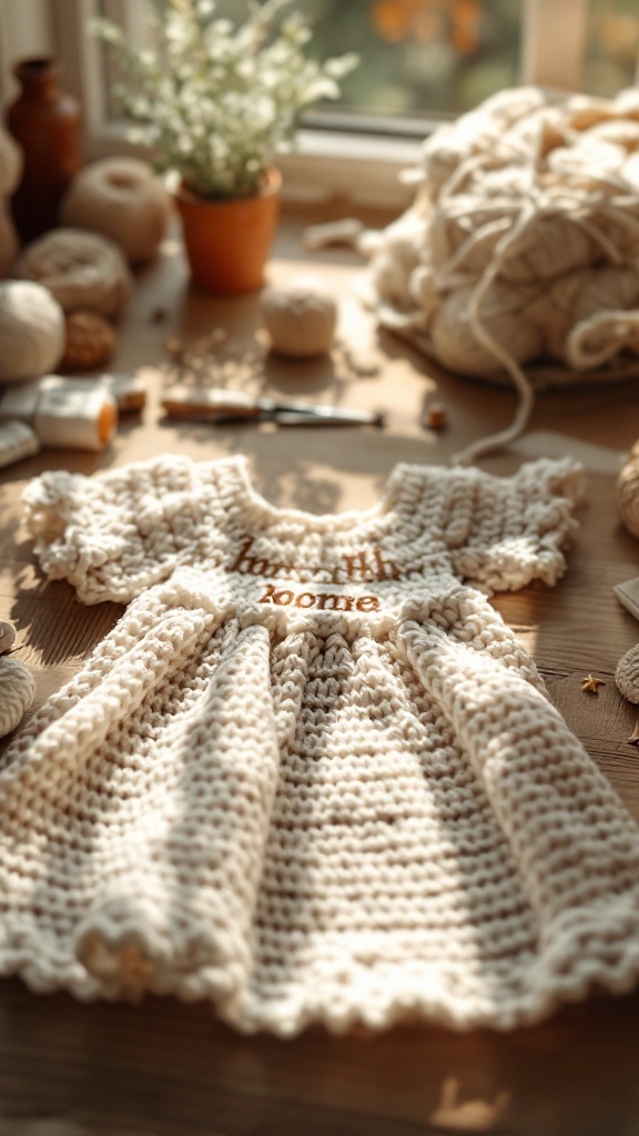 Crochet baby dress displayed on a table with yarn and crafting materials around it.