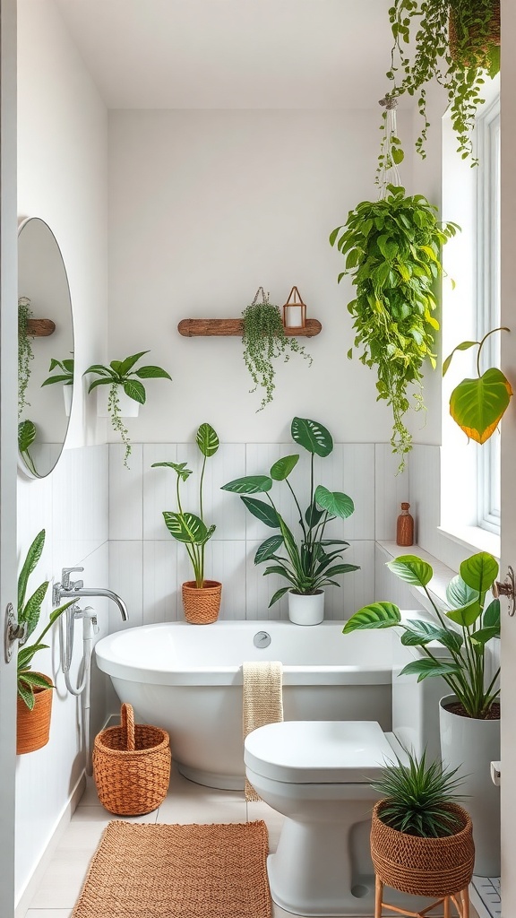 A modern bathroom featuring various green plants in pots and hanging planters, with a bathtub and a natural wood shelf.