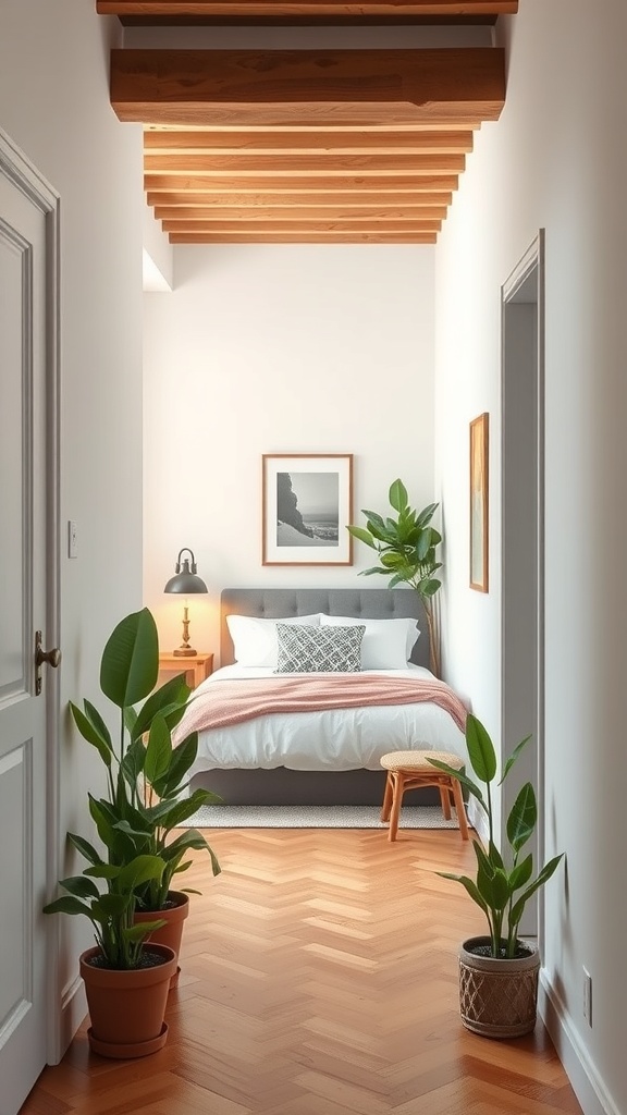 A narrow entryway with potted plants on either side, leading to a cozy bedroom.