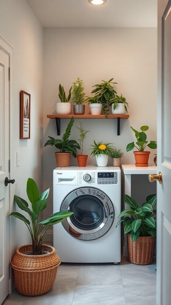 A small laundry room with a washing machine and various potted plants on a shelf and the floor.