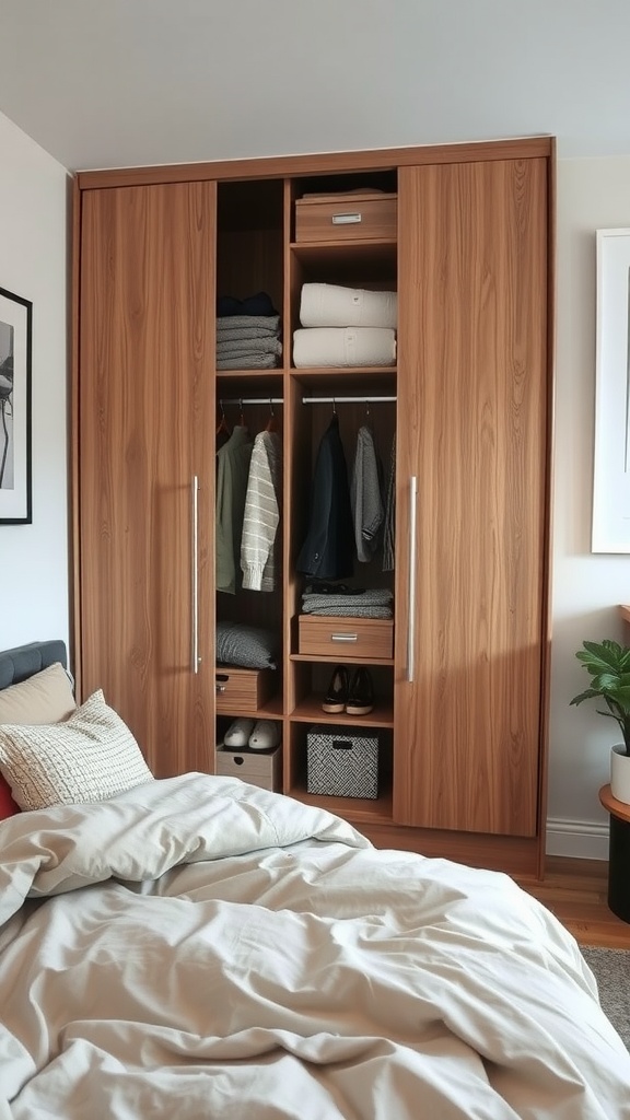 Small bedroom featuring a stylish wooden wardrobe and a neatly made bed with soft bedding.
