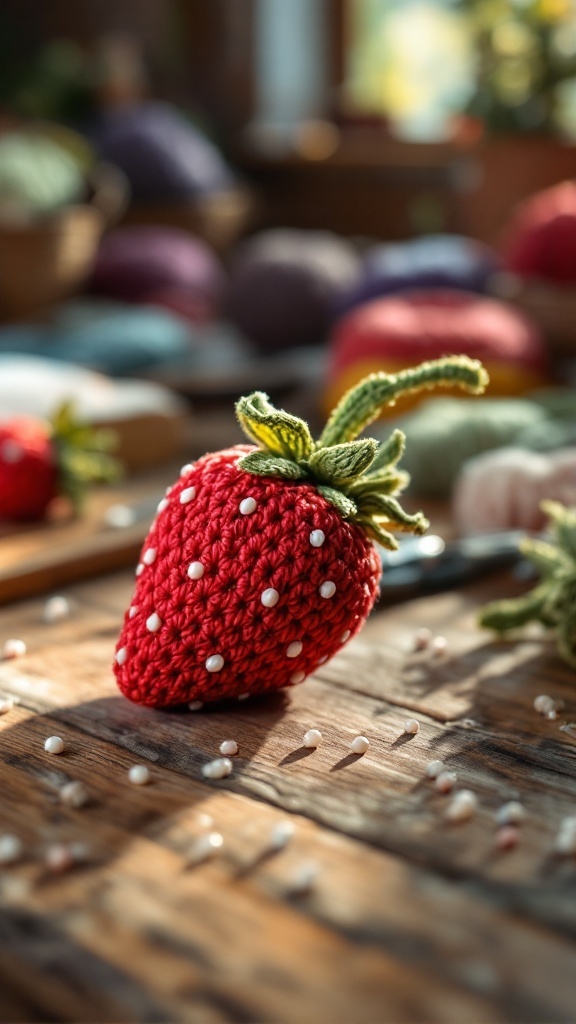A crocheted strawberry with realistic white seeds on a wooden table, surrounded by colorful yarn.