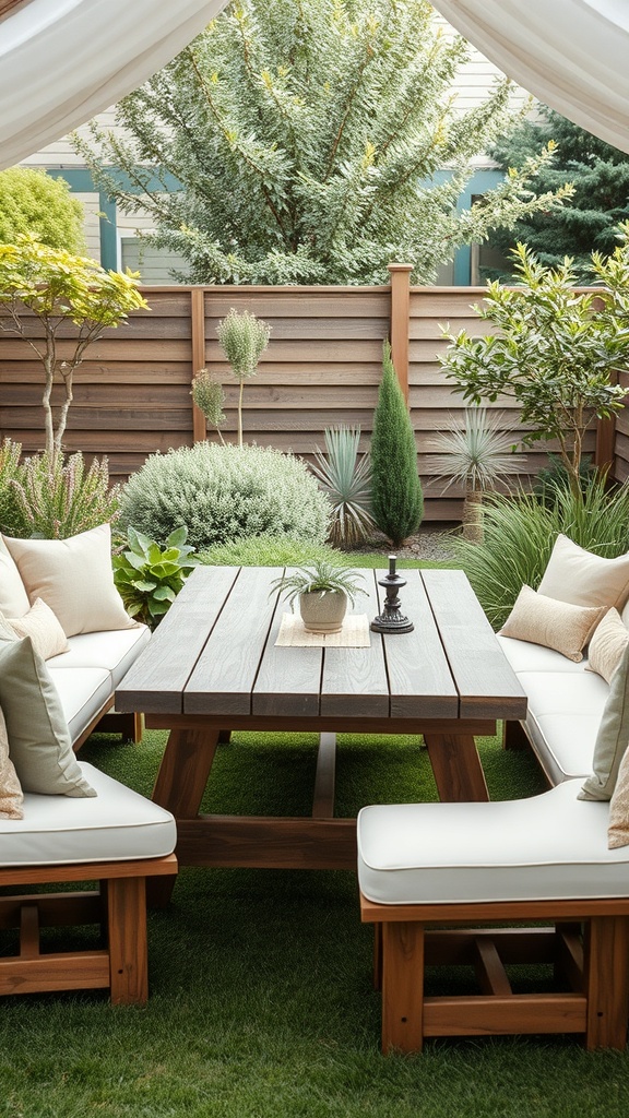 A cozy outdoor seating area with a low picnic table surrounded by cushioned benches and greenery.