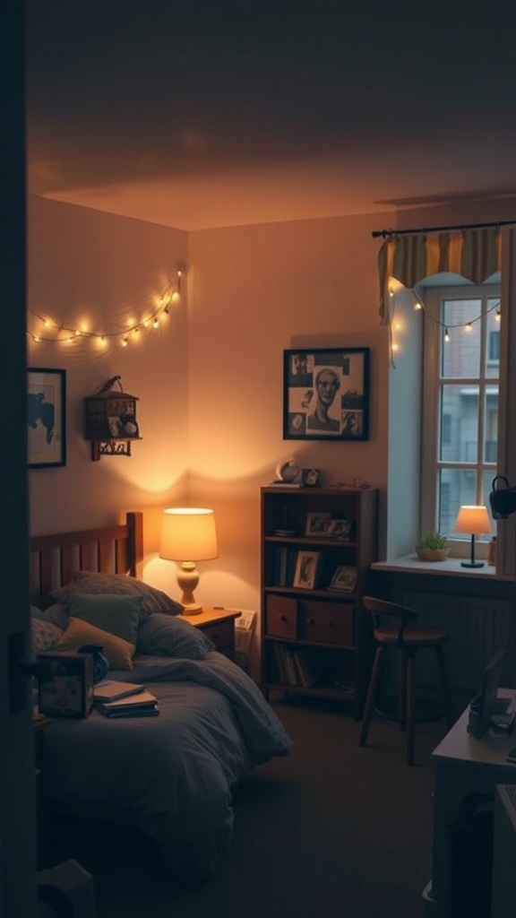 A cozy small bedroom with soft lighting from a bedside lamp and fairy lights.