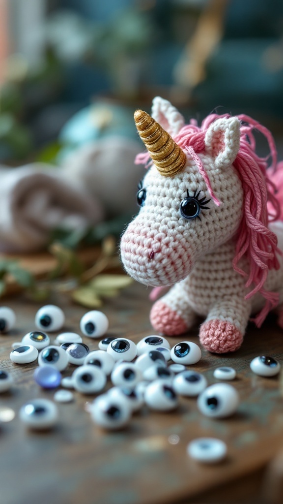 Crochet unicorn with safety eyes and crafting materials nearby