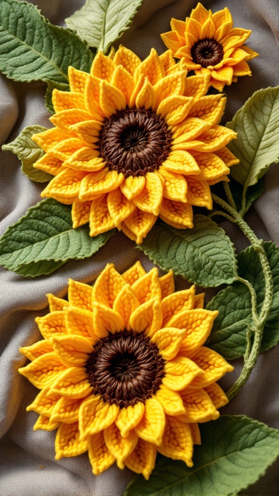 Crochet sunflowers with textured petals and leaves, showcasing vibrant yellow and green hues.