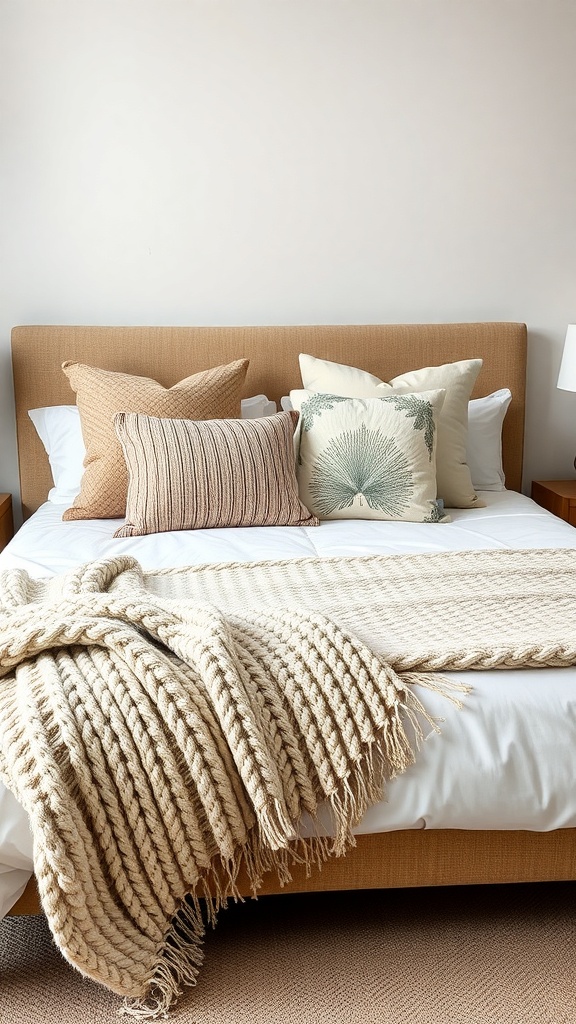 A cozy bed with textured throw pillows and a chunky knit blanket