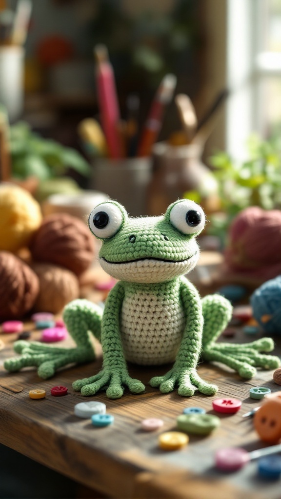A cheerful crocheted frog with big eyes, surrounded by colorful yarn and buttons.