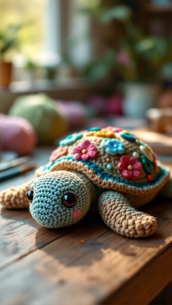 A colorful crochet turtle with a decorated shell, displaying vibrant flowers and large eyes, placed on a wooden table.