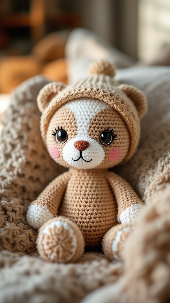 A crocheted bear plushie wearing a hat, with soft textures and embroidered features.
