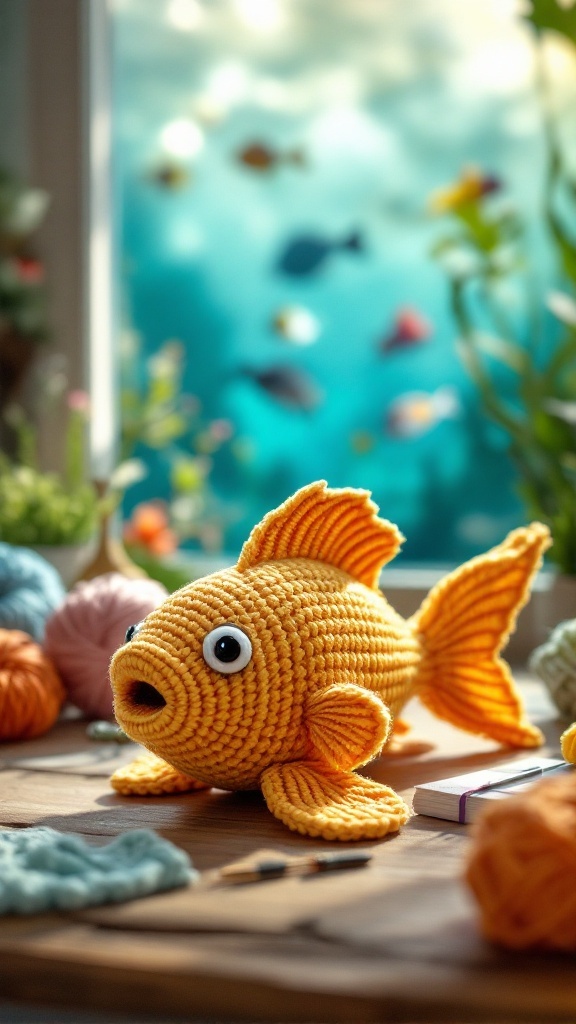 Bright yellow crochet fish with unique fins and big eyes, surrounded by yarn in a cozy setting.