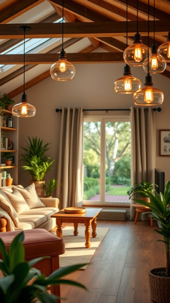 Warm lighting in a cozy family room with plants and a large window.