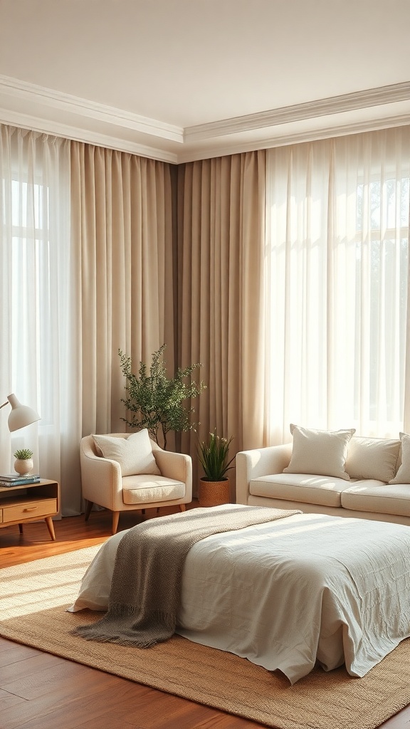 A cozy living room with soft curtains and drapes, featuring a light color palette and inviting furniture.