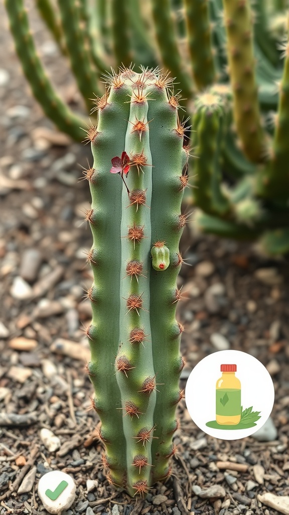 A tall cactus with spines and a flowering bloom, surrounded by other cacti