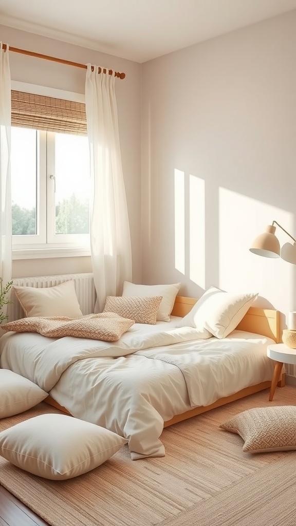 Montessori toddler bedroom with a low bed and cozy pillows