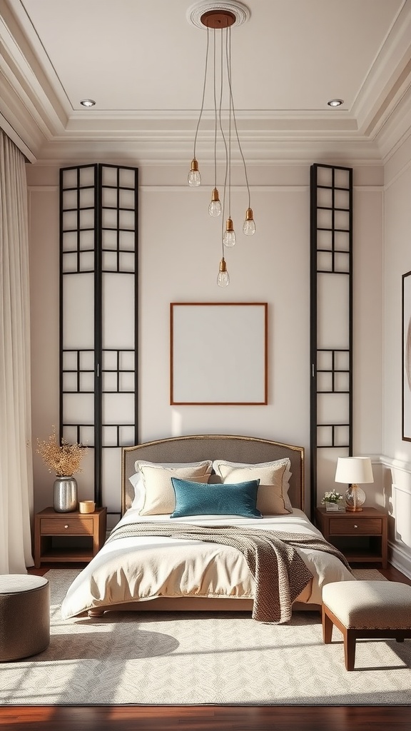 A stylish bedroom with adjustable folding screens for privacy, showcasing a bed and elegant decor.