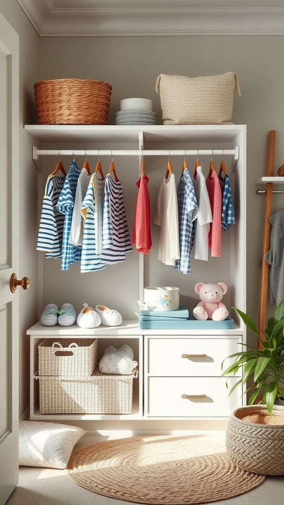 A toddler closet featuring adjustable hanging rods with colorful clothes, shoes, and storage baskets.