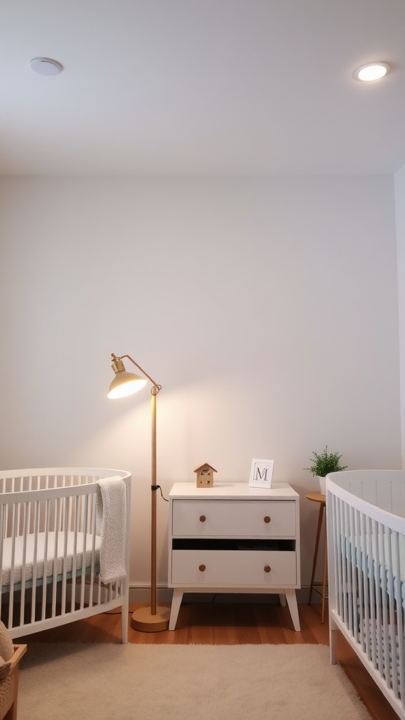 A stylish nursery with two cribs, a changing table, and adjustable lighting.