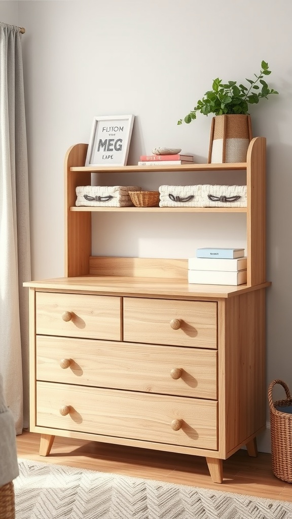 A wooden nursery dresser with adjustable shelving and organized items.