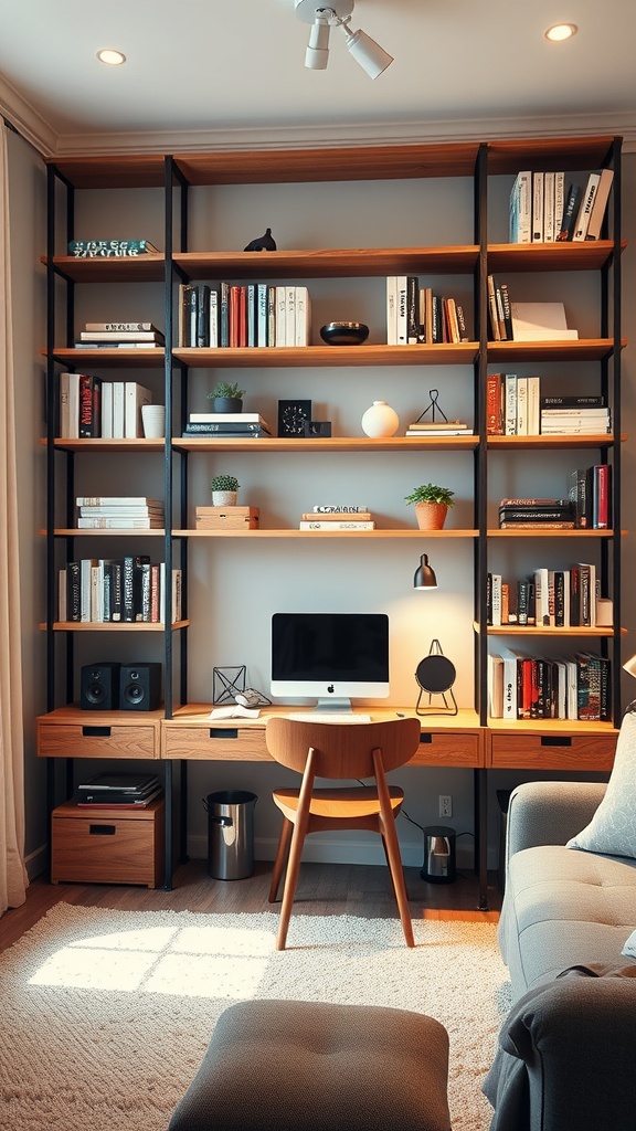 A modern adjustable shelving system displaying books, plants, and decorative items in a stylish workspace.