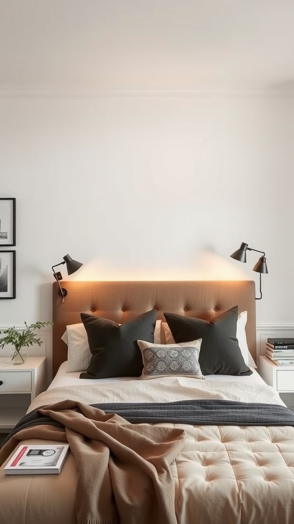 A cozy bedroom with adjustable swing arm sconces on either side of the bed, creating a stylish and functional lighting solution.