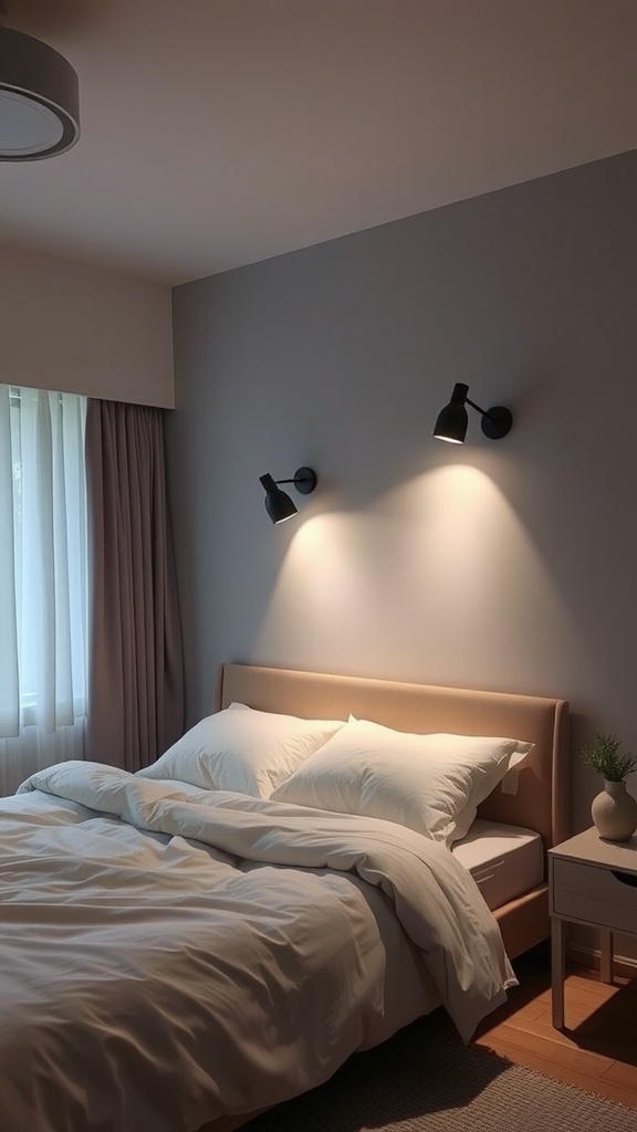 A cozy bedroom featuring adjustable wall fixtures mounted above the bed, with soft bedding and natural light coming through sheer curtains.