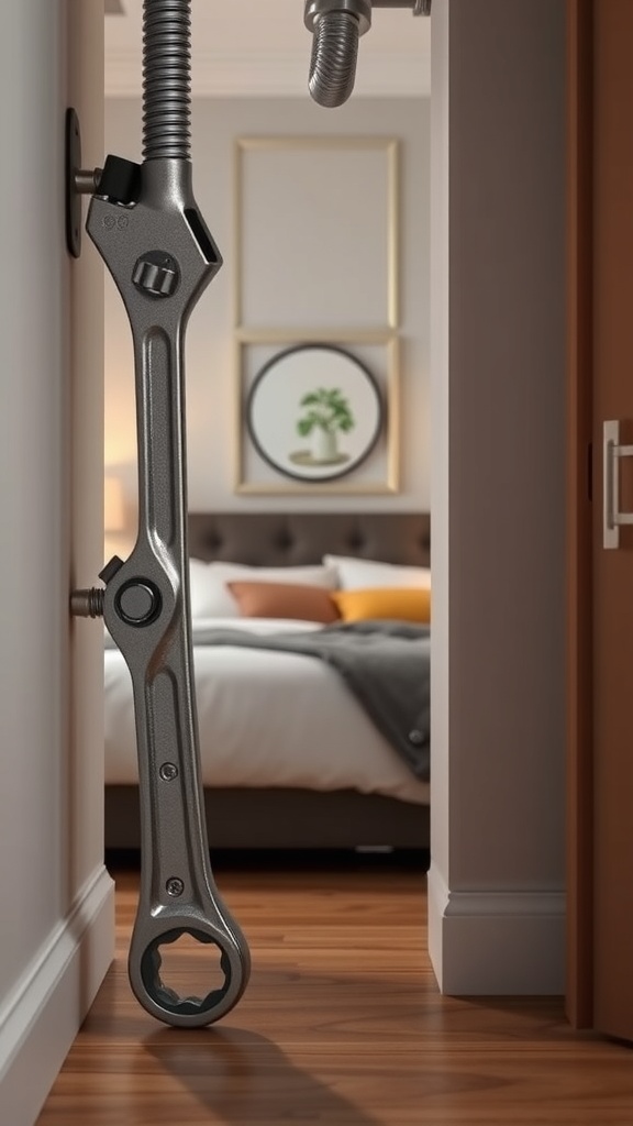 A metallic adjustable wrench positioned in a narrow hallway, demonstrating its suitability for tight spaces.