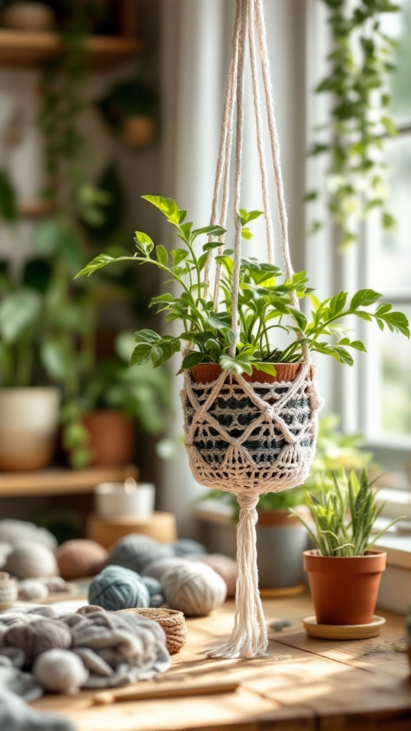 A crochet plant hanger featuring a potted plant, surrounded by yarn and other decorative plants.