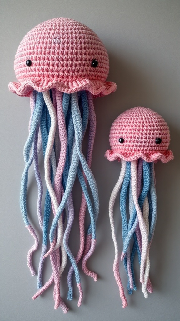 Two crochet jellyfish, one pink and one blue, displayed on a table with yarn and crochet tools.