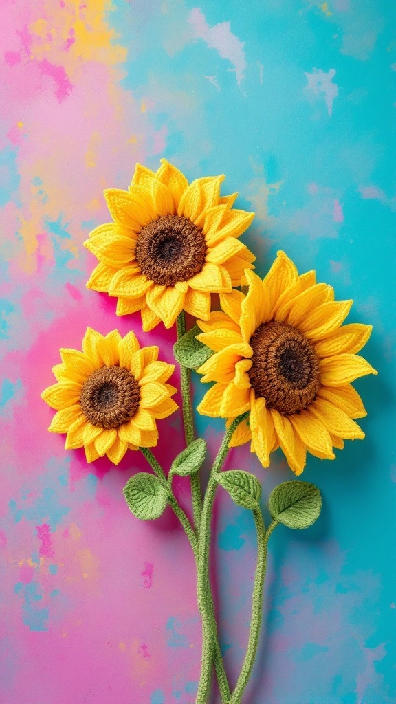 Crocheted sunflowers of various sizes on a colorful background