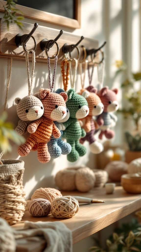 Colorful crocheted amigurumi keychains shaped like bears hanging on hooks