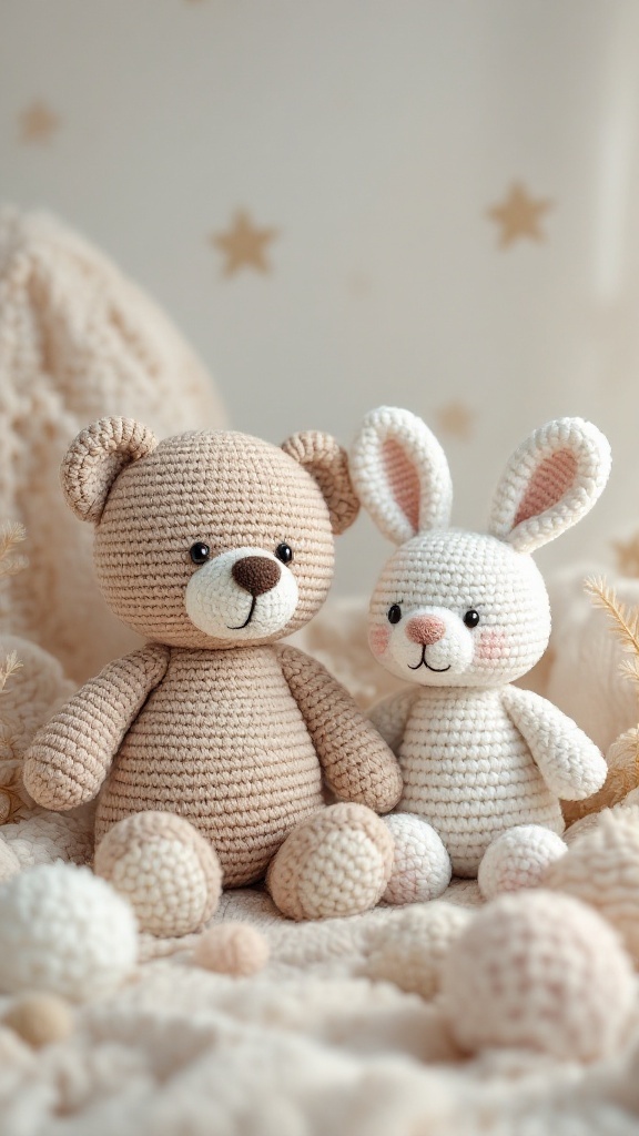 Crochet bear and bunny stuffed animals on a soft background