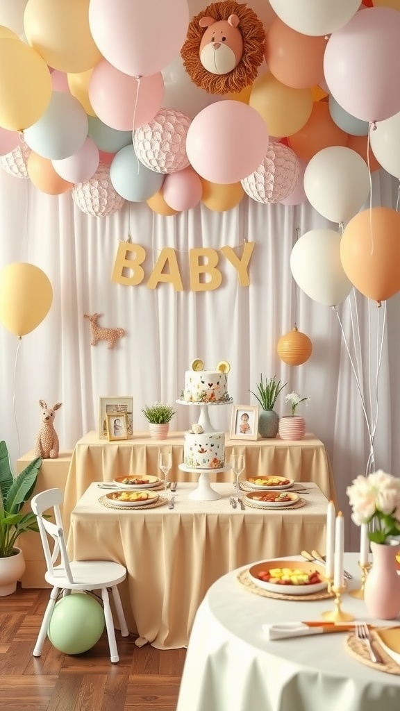 A beautifully decorated baby shower with animal themes, featuring pastel balloons, a lion head, and charming table settings.