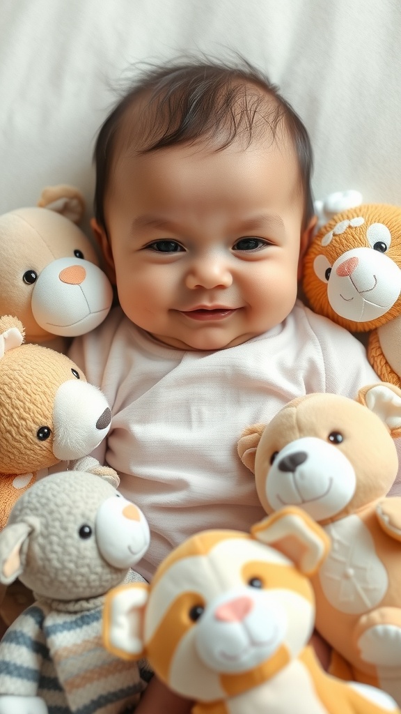 A happy baby surrounded by plush animal toys, smiling at the camera.