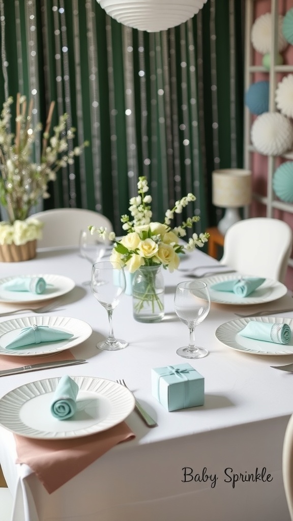 A beautifully arranged table for a baby sprinkle, featuring flowers, elegant tableware, and decorative gifts.