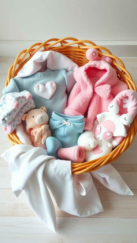 A basket filled with adorable baby clothes and toys for a newborn, featuring a blue sweater, pink jacket, and cute accessories.