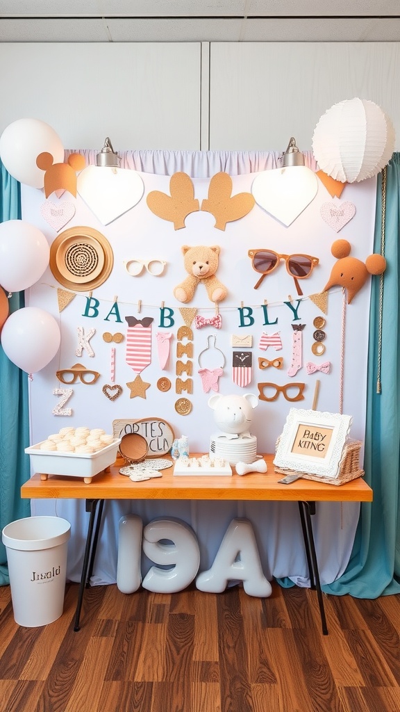 A colorful baby photo booth backdrop with teddy bears, sunglasses, and decorative elements.