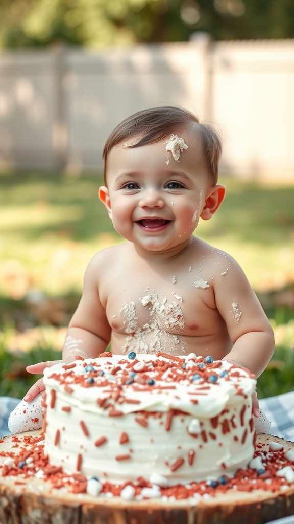 Baby boy enjoying a cake smash photoshoot, covered in frosting with a big smile.