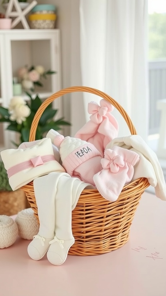 A wicker basket filled with adorable baby clothing sets including a hat, socks, and a onesie in pink and white.