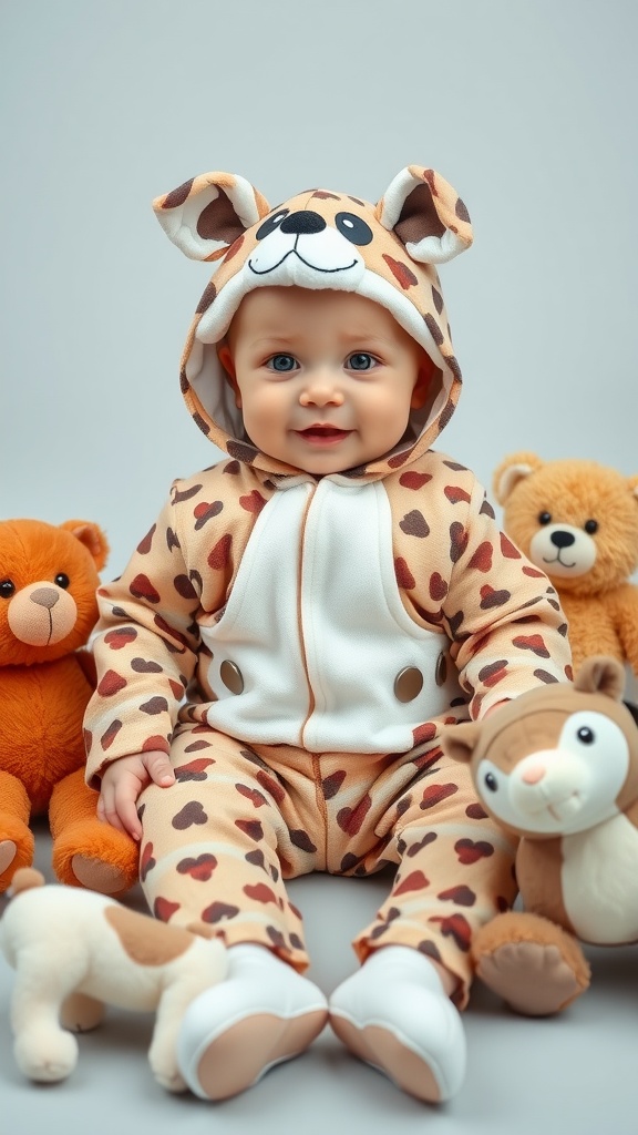 A baby dressed in a dog-themed costume surrounded by plush toys