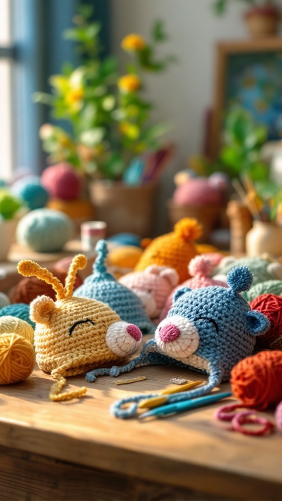 A collection of colorful crochet animal hats on a wooden table, surrounded by vibrant yarn balls.