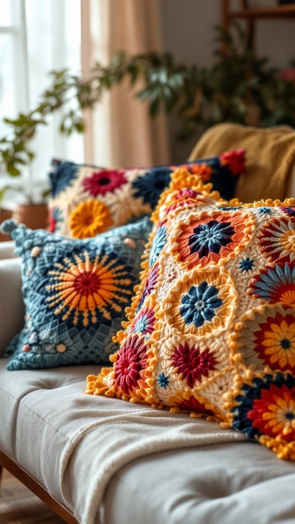 Colorful crochet cushion covers on a sofa