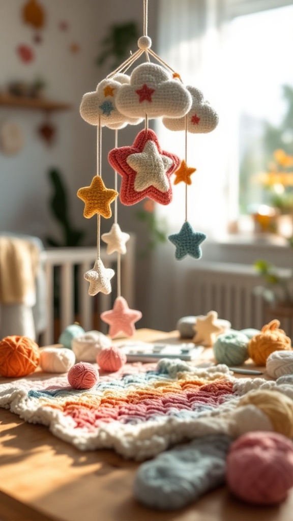 A crochet mobile with clouds and stars hanging above a cozy nursery setting, surrounded by colorful yarn.