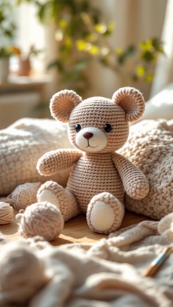A cute handmade crochet teddy bear sitting on a wooden table, surrounded by yarn balls and cozy blankets.