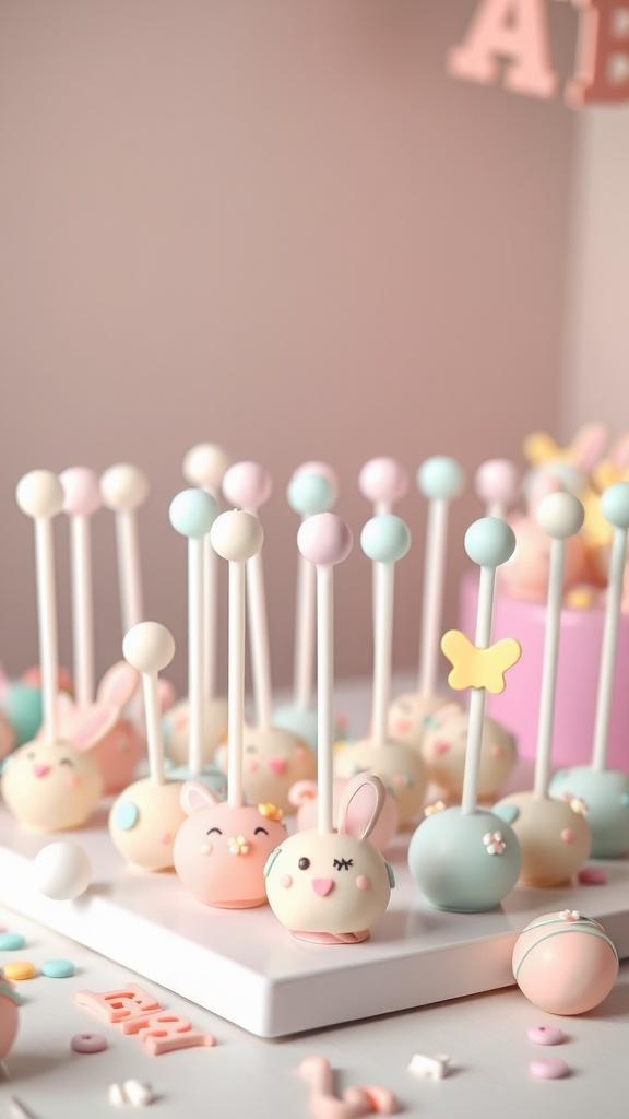 A variety of pastel-colored mini cake pops decorated as animals and smiling faces on sticks.