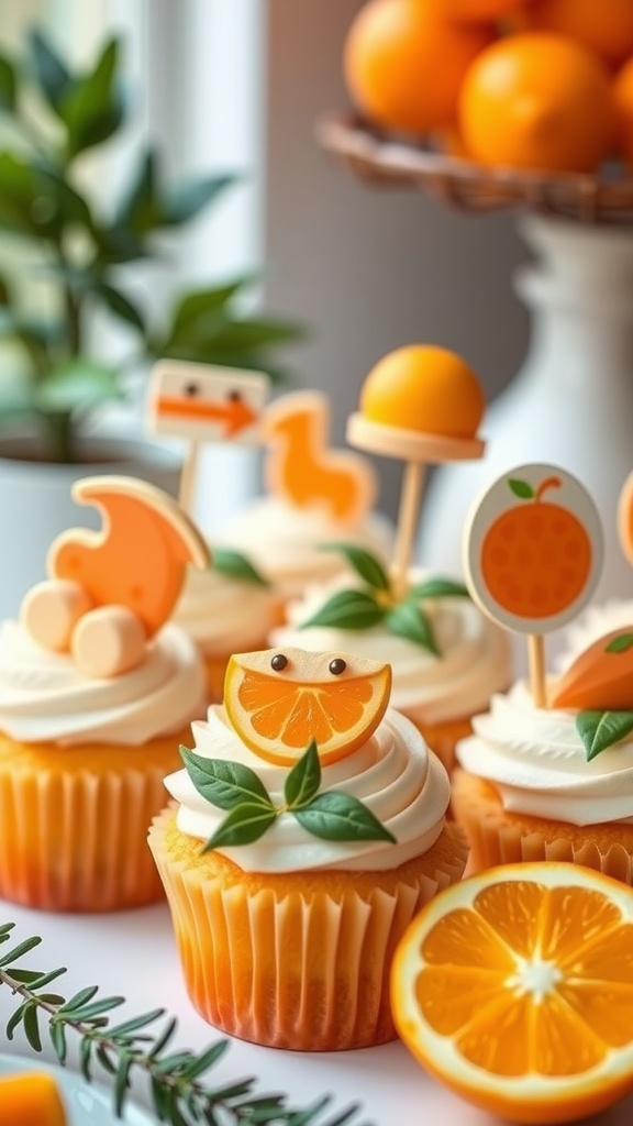 Delicious cupcakes with orange-themed toppers, featuring orange slices and cheerful designs